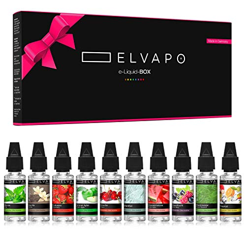 10 x 10ml Elvapo Premium E-LIQUID-BOX | 100ml Liquids Starter Set für E-Zigaretten| Wassermelone, Vanille, Minze, Grüner Apfel, Menthol, Erdbeere, Kirsche, Tropical, Waldfrucht, Waldmeister | 0mg