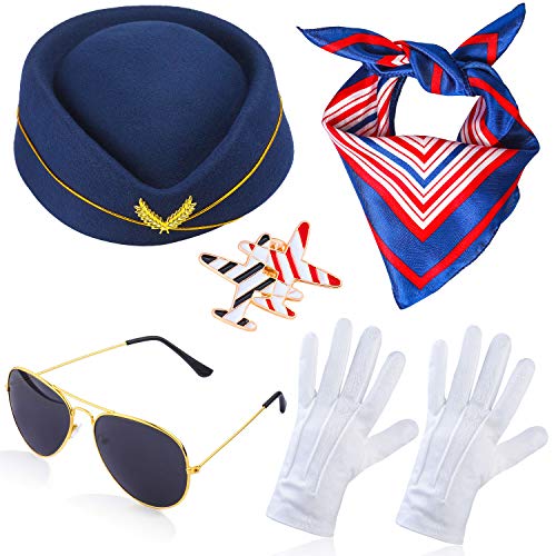 Haichen Damen Stewardess Kostümzubehör Flugbegleiterin Hut mit Stewardess Cosplay Kostümzubehör - 4 Stück (C)