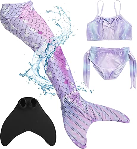 Corimori – Meerjungfrauenschwanz mit Bikini für Kinder, Meerjungfrau Aqua, Meerjungfrau-Schwimm-Flosse zum Schwimmen, Mädchen Bademode, Lila-Kombi Körpergröße bis 140cm
