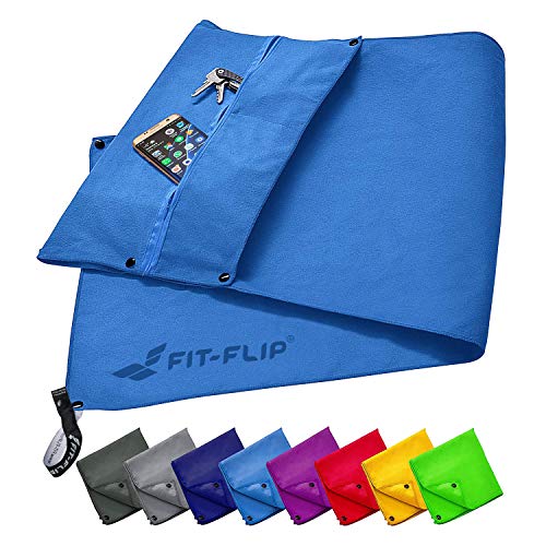 Fit-Flip Fitness Handtuch Set mit Reißverschluss Fach + Magnetclip + extra Sporthandtuch | zum Patent angemeldetes Multifunktionshandtuch, Mikrofaser Handtuch (blau)
