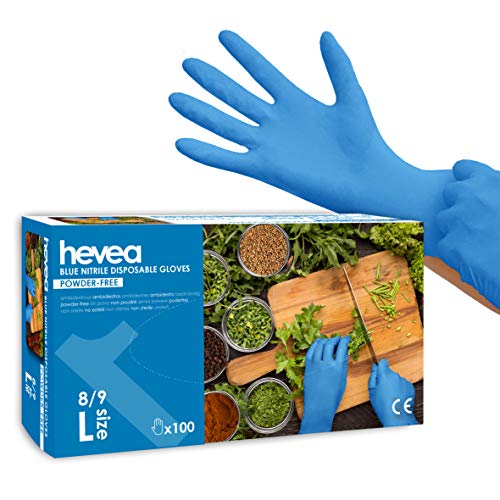 Hevea - Einweghandschuhe aus Nitril. Puder- und latefrei. 1 Karton mit 100 Handschuhen. Größe: L (groß). Farbe: Blau