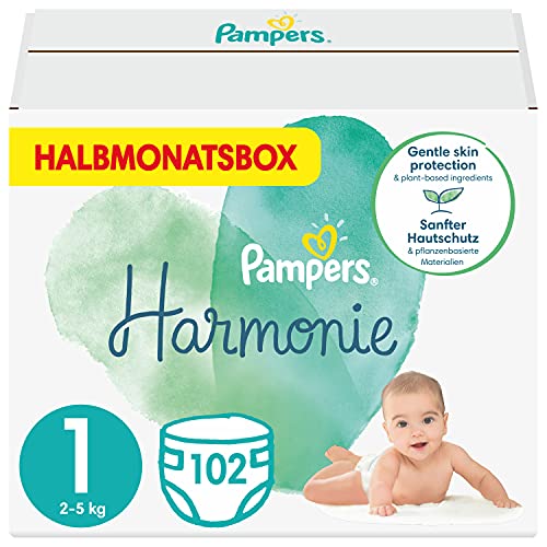 Pampers Windeln Größe 1 (2-5 kg), Harmony, 102 Babywindeln, Packung 1 Monat, 0% Kompromiss, 100% Absorption, Inhaltsstoffe pflanzlichen Ursprungs, hypoallergen