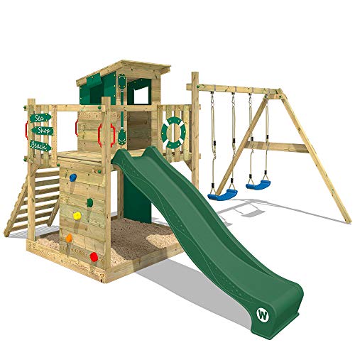 Wickey Spielturm Klettergerüst Outdoor Smart Camp mit Schaukel, grüner Rutsche & grüner Plane, Spielplatz für Garten - Baumhaus mit Sandkasten aus Holz für Kinder, Kletterleiter & Spiel-Zubehör