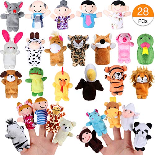 Joinfun 28 Stück Fingerpuppen Party Mitgebsel Cartoon Tier Hand Spielzeug Menschen Familienmitglieder für Kindergeburstag Gastgeschenk und Finger Plüschtier Stuffer für Ostereier Mitgebsel Weihnachten