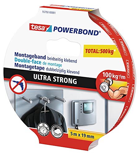 tesa Powerbond ULTRA STRONG - Doppelseitiges, extra starkes Montageband zur permanenten Befestigung im Außen- und Innenbereich - 5 m