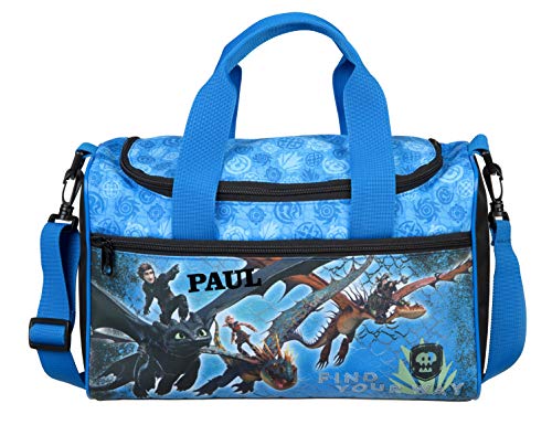 kleine Sporttasche mit Namen | inkl. NAMENSDRUCK | Motiv Dragons Drache in blau & schwarz | Personalisieren & Bedrucken | Reisetasche für Jungen
