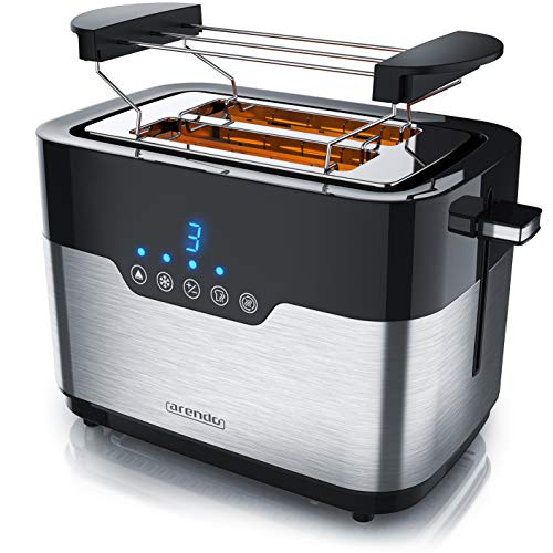 Arendo - Edelstahl Toaster 2 Scheiben mit LED Anzeige – Brötchenaufsatz - extra breite Schlitze – 7 Bräunungsstufen – einseitige Bräunungsfunktion für Brötchen Bagels und Baguettehälften