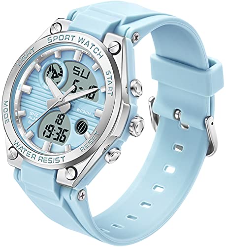 Damen Uhr Digital Armbanduhr mit Silikonarmband 50M Wasserdicht Digitaluhr für Mädchen Jungen Analog Sportuhr mit Alarm Datum LED Kinderuhr Elektronisch Blau