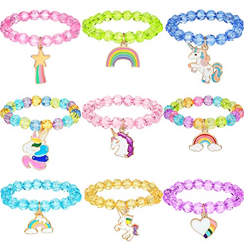 9 Stück Bunte Einhorn Armband Mädchen Einhorn Armbänder Regenbogen Einhorn Perlen Armband für Geburtstagsfeier Gefälligkeiten (Kristall Stil)