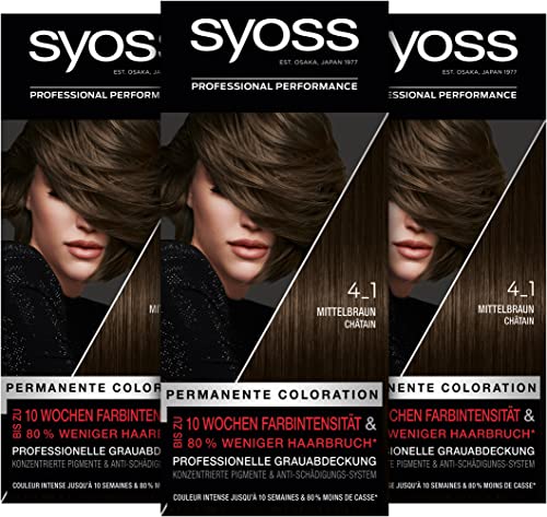 Syoss Color Coloration 4_1 Mittelbraun Stufe 3 (3 x 115 ml), permanente Coloration für bis zu 10 Wochen Farbintensität und 70 % weniger Haarbruch*