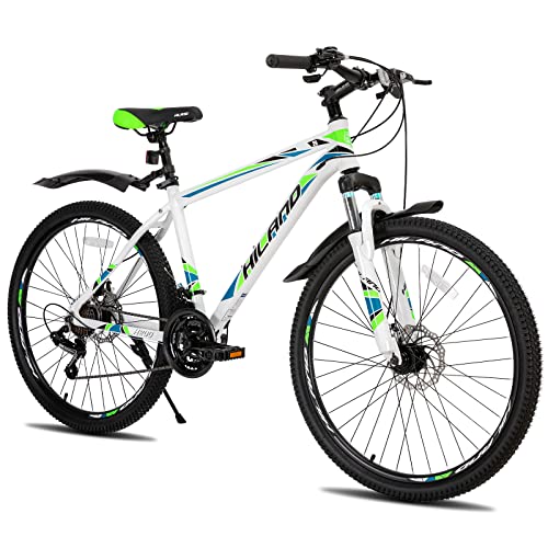 Hiland Mountainbike MTB 26 Zoll mit Aluminiumrahmen Scheibenbremse Federgabel Speichenräder Jugendliche Fahrrad Herr Damen Jungs weiß