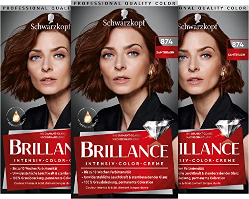 Brillance Intensiv-Color-Creme 874 Samtbraun Stufe 3 (3 x 160 ml), dauerhafte Haarfarbe mit Diamant-Glanz-Effekt & Pflege-Conditioner, 10 Wochen Farbintensität