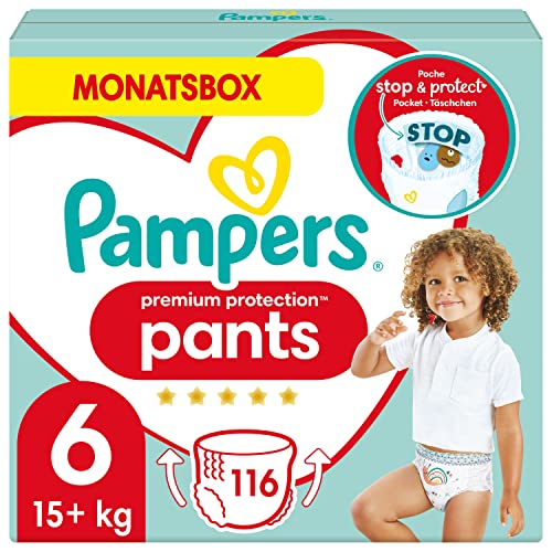 Pampers Baby Windeln Pants Größe 6 (15kg+) Premium Protection, Extra Large, 116 Höschenwindeln mit Stop- und Schutz Täschchen, MONATSBOX