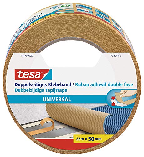 tesa Doppelseitiges Klebeband Universal - Vielseitiges Klebeband für Verpackungen, Deko und Teppiche oder zum Basteln - 25 m x 50 mm
