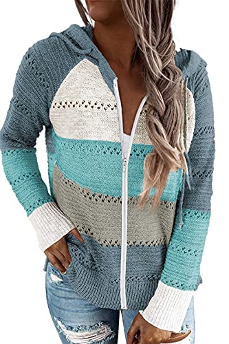 NEYOUQE Pullover Damen Langarm Farbblock V-Ausschnitt Essentials Zip Hoodie Sweatshirt Herbstjacke Damen Vintage Clothes Winter Blau L