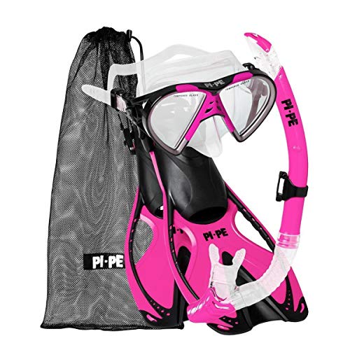 PI-PE Set per Snorkeling Con Maschera, boccaglio e Pinne, Set per Snorkeling Con Pratico Sacco a Rete, Maschera Anti-Appannamento in Vetro temperato, per Adulti e Bambini, Unisex, Active, Pink, S/M