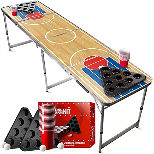 Offizieller Basketball Beer Pong Tisch Set | 1 Tisch-Bier-Pong-Tisch + 2 Gestelle + 22 rote Becher + 4 Bälle | Komplette Packung | Premium-Qualität | Offizieller Tisch | Trinkspiel | OriginalCup®