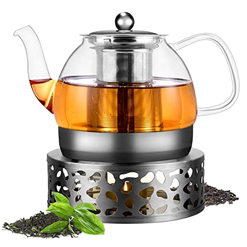 Teekanne mit Stövchen Set, Mture 1200ml Teebereiter Borosilikatglas Teeservice und Teewärmer Teekanne Suit mit Edelstahl Siebeinsatz für schwarzen Tee grüner Tee Fruchttee duftender Tee