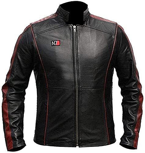 HiFacon N7 Mass Effect 3 Motorradjacke für Herren, Leder, Schwarz Gr. L, Echtes Leder - N7 Lederjacke