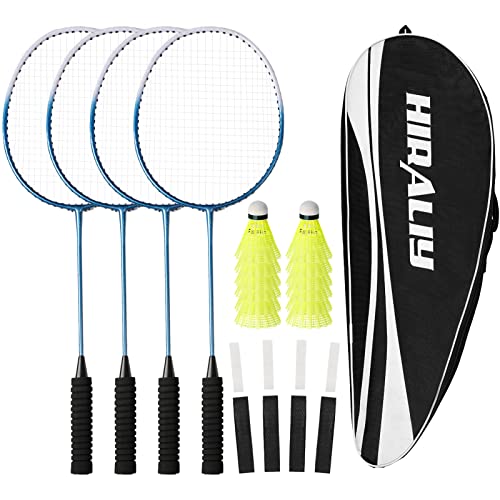 HIRALIY Badmintonschläger 4er-Set, inklusive 4 Badmintonschläger, 12 Nylon-Federbälle, 4 Ersatzgriffbänder und Badmintontasche, Badmintonset für die Familie für Spiele im Freien im Garten