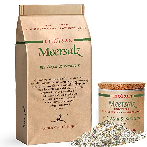 Sanquell GmbH Khoysan-Meersalz | Algen & Kräuter | handgeschöpft | naturbelassen | eines der besten Salze der Welt | 1kg Nachfüllbeutel | 200g Deko-Box (gefüllt)