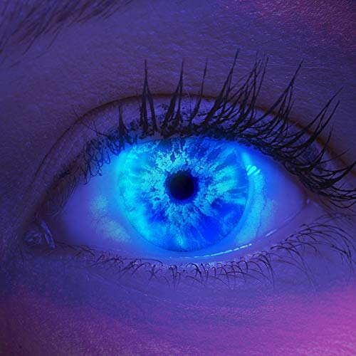 Farbige UV Kontaktlinsen 1 Paar Blaue Ice Blue Schwarzlicht Glow Neon Farblinsen. Jahreslinsen Topqualität zu Halloween, Fasching, Fastnacht, Karneval inkl. Kontaktlinsenbehälter - Ohne Stärke