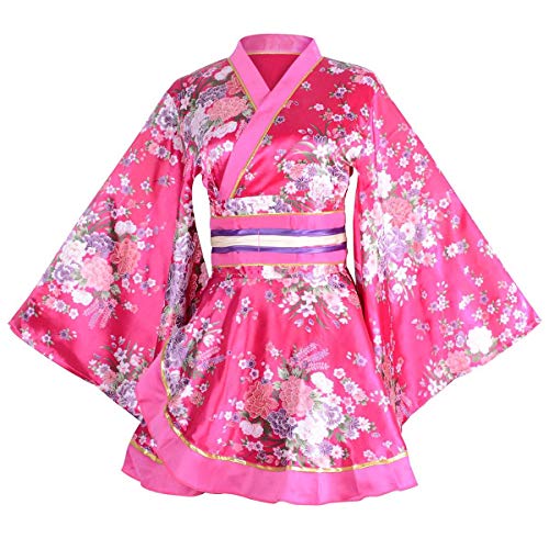 Kimono Bademantel Kostüm Japanisch Traditionell Yukata Cosplay Damen Sexy Sakura Muster Hoch Split Lang Kimono, Roseo, Large