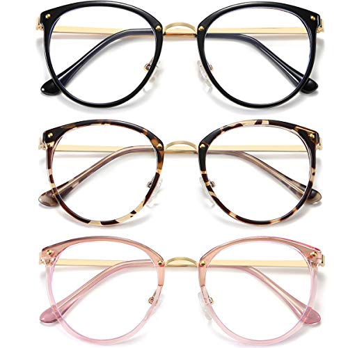 HILBALM Computerbrille für Damen und Herren, Metallrahmen, Blaulichtblockierend, Schwarz, Leopard, Pink, 3 Stück
