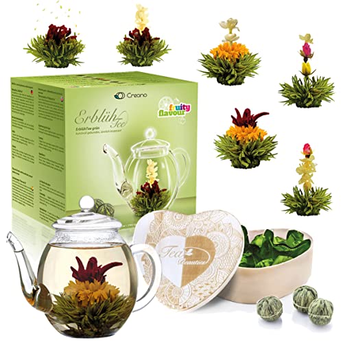 Creano Geschenkset Erblühtee Teeblumen Mix in Holzschachtel in Herzform - 6 Sorten Grüner Tee inkl. Glas Teekanne 500ml, Geschenk für Frauen, Mutter, Teeliebhaber