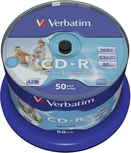Verbatim CD-R AZO Wide Inkjet Printable 700 MB, 50er Pack Spindel, CD Rohlinge, 52-fache Brenngeschwindigkeit mit langer Lebensdauer, leere CDs bedruckbar, Audio CD Rohling