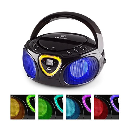 auna Roadie - CD-Radio, Stereoanlage, Boombox, USB, MP3, UKW-Radiotuner, Bluetooth 2.1, LED-Beleuchtung, 2 x 1,5 W RMS-Leistung, Netz- und Batterie-Betrieb, schwarz