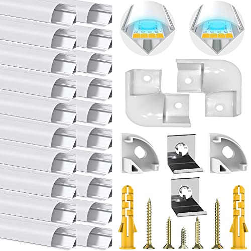 Chesbung LED Aluminium Profil 1m, 20er Pack in V-Form für LED-Strips/Band bis 12 mm inkl. Abdeckungen in milchig-weiß, Endkappen, und Montagemateria
