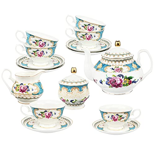 fanquare 21 Stück Blau Vintage Porzellan Tee Set, Blumen Keramik Kaffeeservice Set, Hochzeit Tee Service für Erwachsene