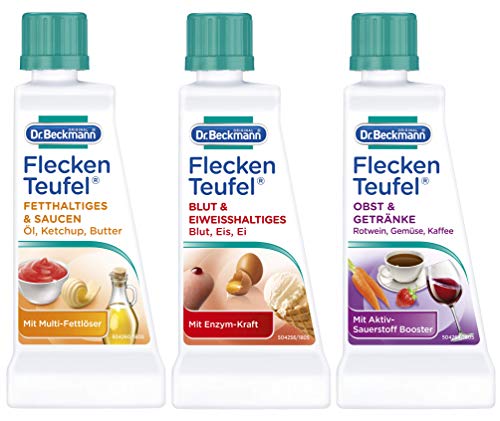 Dr. Beckmann Fleckenteufel Set, Fleckenentferner für Fetthaltiges & Saucen, Blut & Eiweißhaltiges, Obst & Getränke