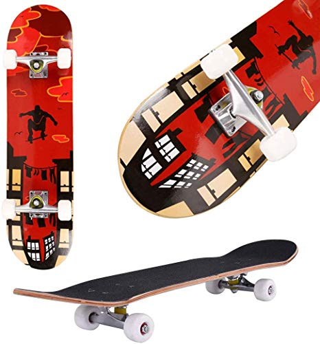Oppikle Skateboard Komplettboard Mit ABEC-9 Kugellager Und 9-Lagigem Ahornholz 95A Rollenhärte Funboard FÜR Anfänger Und Profis - Belastung 100 KG (Rot)