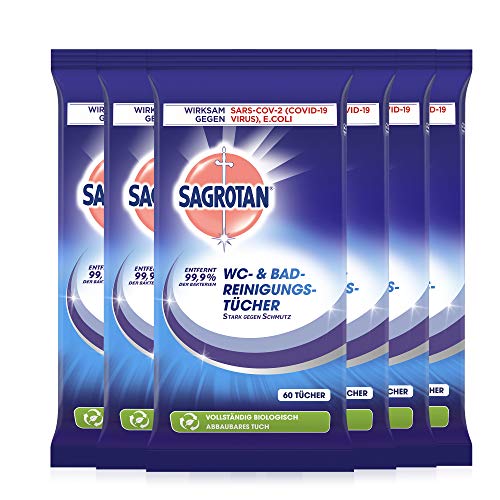 Sagrotan WC-Reinigungstücher – Für eine hygienisch saubere und glänzende Toilette – 6 x 60 Desinfektionstücher in wiederverschließbarer Verpackung
