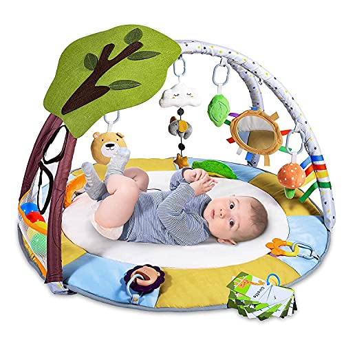 Lupantte Spieldecke Baby mit 9 Spielzeug, Erlebnisdecke mit Spielbogen und Sensorik Spielzeug, Krabbeldecke mit 2 Beißring und Bällebad für Babys,Rutschfest,83 x 83 x 50 CM, Alter Neugeborene +