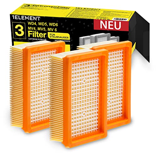 3 Filter für Kärcher Staubsauger [WD4, WD5, WD6 / MV4, MV5, MV6] – 3 Flachfaltenfilter für Allergiker gegen Feinstaub/Gerüche [WD 4 5 6 MV] von 1ELEMENT