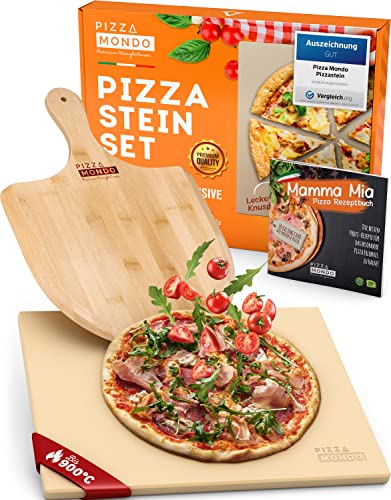 Pizza Mondo® Pizzastein für Backofen, Grill & Gasgrill (inkl. Pizzaheber & Rezeptbuch) Original Pizza Stein-ofen Erlebnis Dank Bester Qualität - Backstein Eckig 1,5 cm