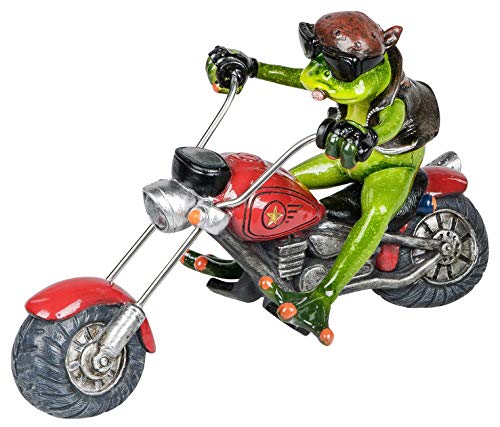dekojohnson lustiger Deko-Frosch auf dem Motorrad Biker-Figur Zierfigur Tierfigur trendig witzig Kröte Lurch grasgrün rot 22 cm groß