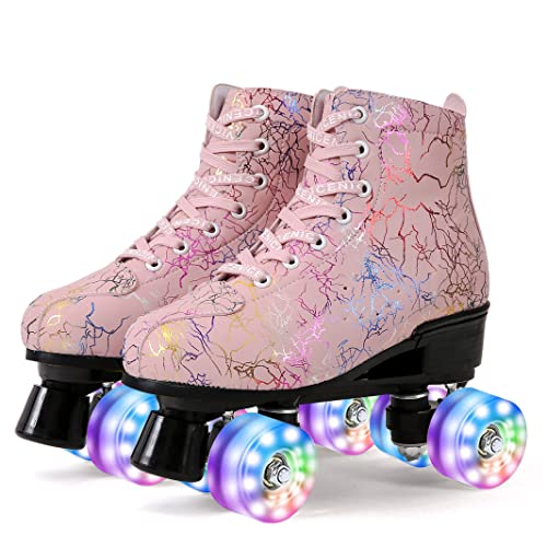 Rollschuhe Damen Erwachsene Quad rollerskates mädchen LED mit Licht High-Top Jugendliche Roller Skates für Indoor Outdoor Doppelreihig Vierrädrig,闪电粉-38