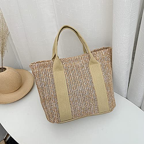 Generic Tasche aus Stroh Sommer Trend Strohbeutel Handtaschen for Frauen Reißverschluss Farbpassende Tasche 1PC (Color : Khaki, Größe : 33x14x22cm)