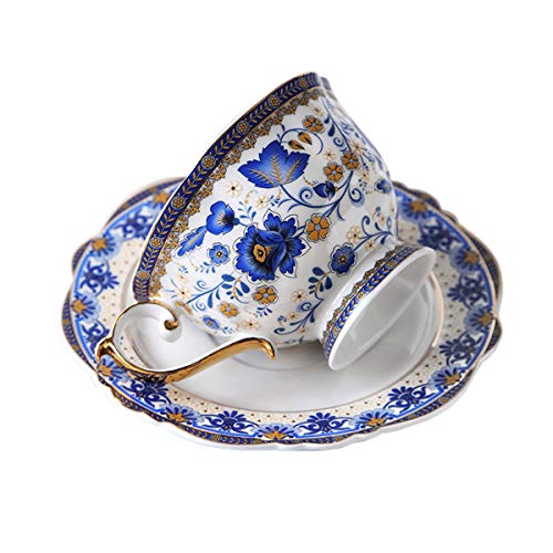fanquare Blau Blume Fine Bone China Teetasse Set, Vintage Porzellan Kaffeetasse und Untertasse, 200ml