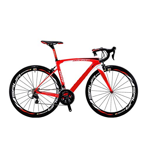 MYRCLMY City Bike Carbon-Rennrad, Carbon-Faser-700C-Straßen-Fahrrad Mit 105 22 Geschwindigkeit Groupset Ultra-Light Carbon Laufradsattelstütze Gabel Fahrrad,Rot,D