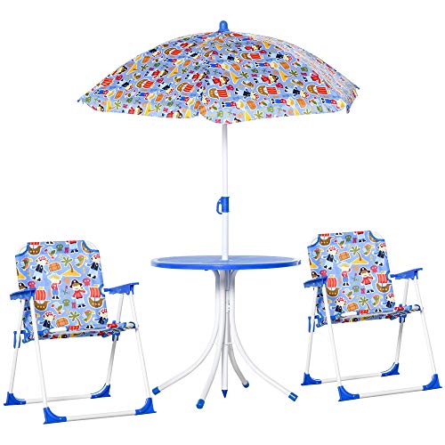 Outsunny 4tlg. Kindersitzgruppe Gartentisch 2 Klappstühle Sonnenschirm Camping Kindersitzgarnitur Gartenmöbel für 3-5 Jahre Blau