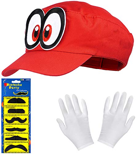 Super Mario Odyssey Mütze rot im Komplettset mit weißen Handschuhen und Klebe-Bärten für Erwachsene und Kinder Karneval Fasching Motto Party Verkleidung Kostüm Mützen Hut Cap Herren Damen Kappe