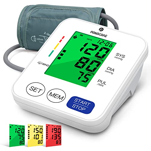 PANACARE 2.0 Vollautomatisch Oberarm Blutdruckmessgerät, 3-Farbiges Großes Display mit Hintergrundbeleuchtung| Deutsche Sprache | 2Users&198Daten| Manschette von 22-42cm, Blutdruckmonitor (White)