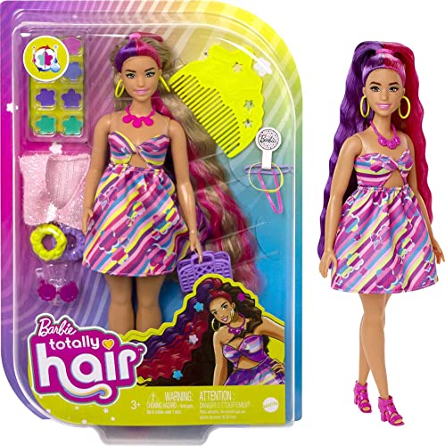 Barbie HCM89 - Totally Hair Puppe (blond/bunte Haare) im Blumen-Print Kleid mit 15 Zubehör-Teilen für tolle Looks, Spielzeug für Kinder ab 3 Jahren
