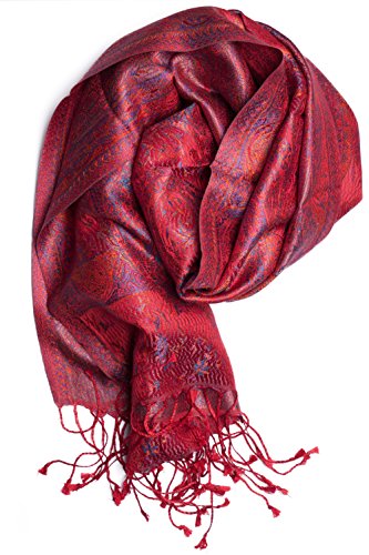 ufash Pashmina 100% Seidenschal aus Indien für Damen & Herren, Paisley Muster, 160 x 35 cm - Schal aus reiner Seide, Rot