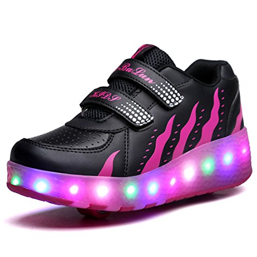 Unisex Kinder Roller LED Schuhe Leuchten Doppelräder Skateboard Turnschuhe Outdoor Sports Training Rollschuh Schuhe für Jungen Mädchen (33 EU, Schwarzes Rosa)